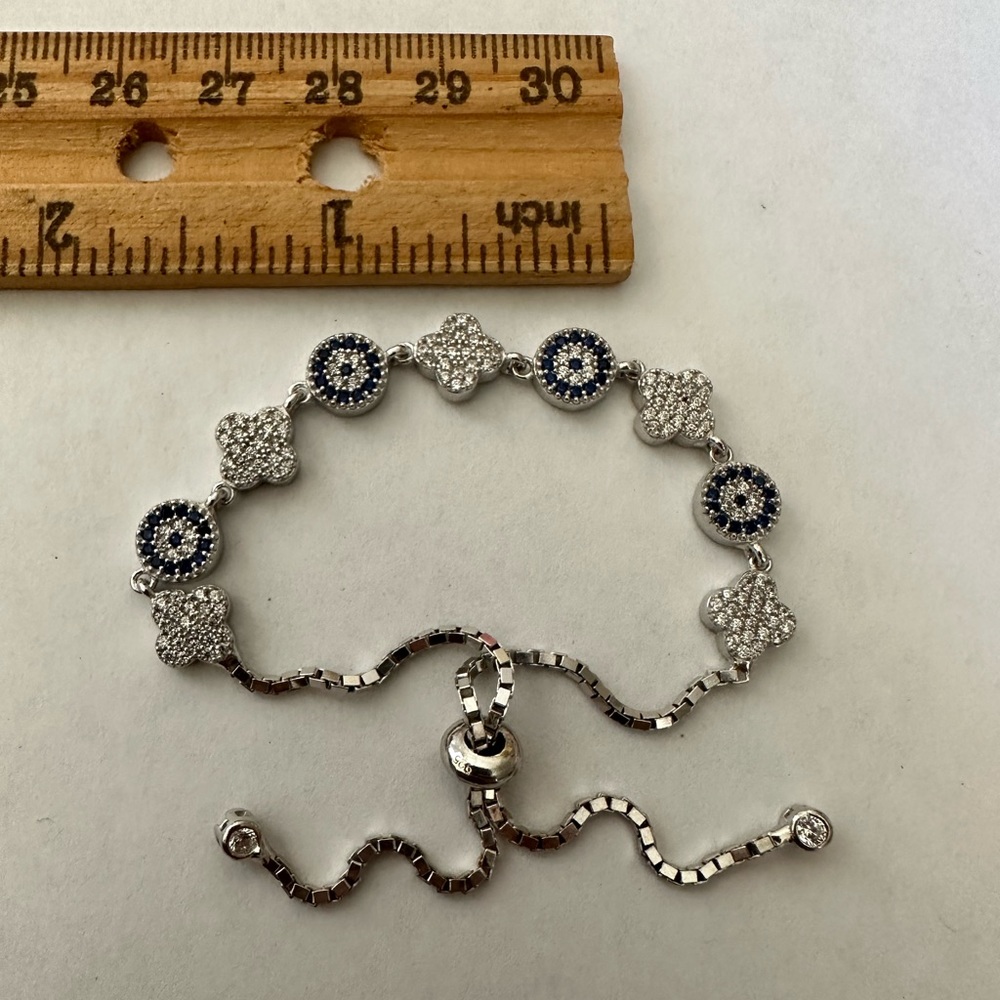 🧿925 Silver evileye clover bracelet bolo cz stones - Picture 2 of 2